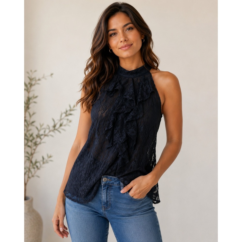 AB Studio Womens Black Lace Ruffle Halter Top Sleeveless Blouse Size M